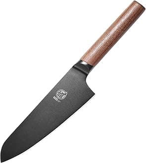 MITSUMOTO SAKARI 7 inch Japanese Chef Knife, Professional Black Titanium Coated Santoku Chef's Knife, German Premium Alloy Steel Meat Sushi Kitchen Knives (Walnut Handle & Gift Box)