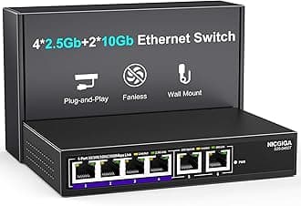 10Gbe Ethernet Switch, Unmanaged 10Gb RJ45 Ports, 2 x 2.5Gb Base-T Ports, Desktop/Wall Mount, NICGIGA 6 Ports, 10Gbps Network Switch for Wireless AP, NAS, PC