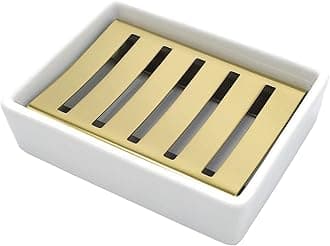 Lofekea Ceramic Soap Dish Gold Stainless Steel Soap Holder for Shower and Bathroom Double Layer Draining Soap Box