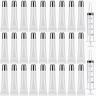 50PCS Lip Gloss Containers 15ml Silver Cap Refillable Cosmetic Squeeze Tubes + 2 x 20ml Syringes Tag Labels Stickers for DIY Lip Gloss Base Glitter