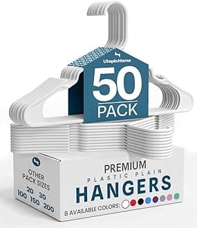 Utopia Home White Plastic Standard Hangers for Clothes 50-Pack Heavy Duty and Space Saving Notched Hangers