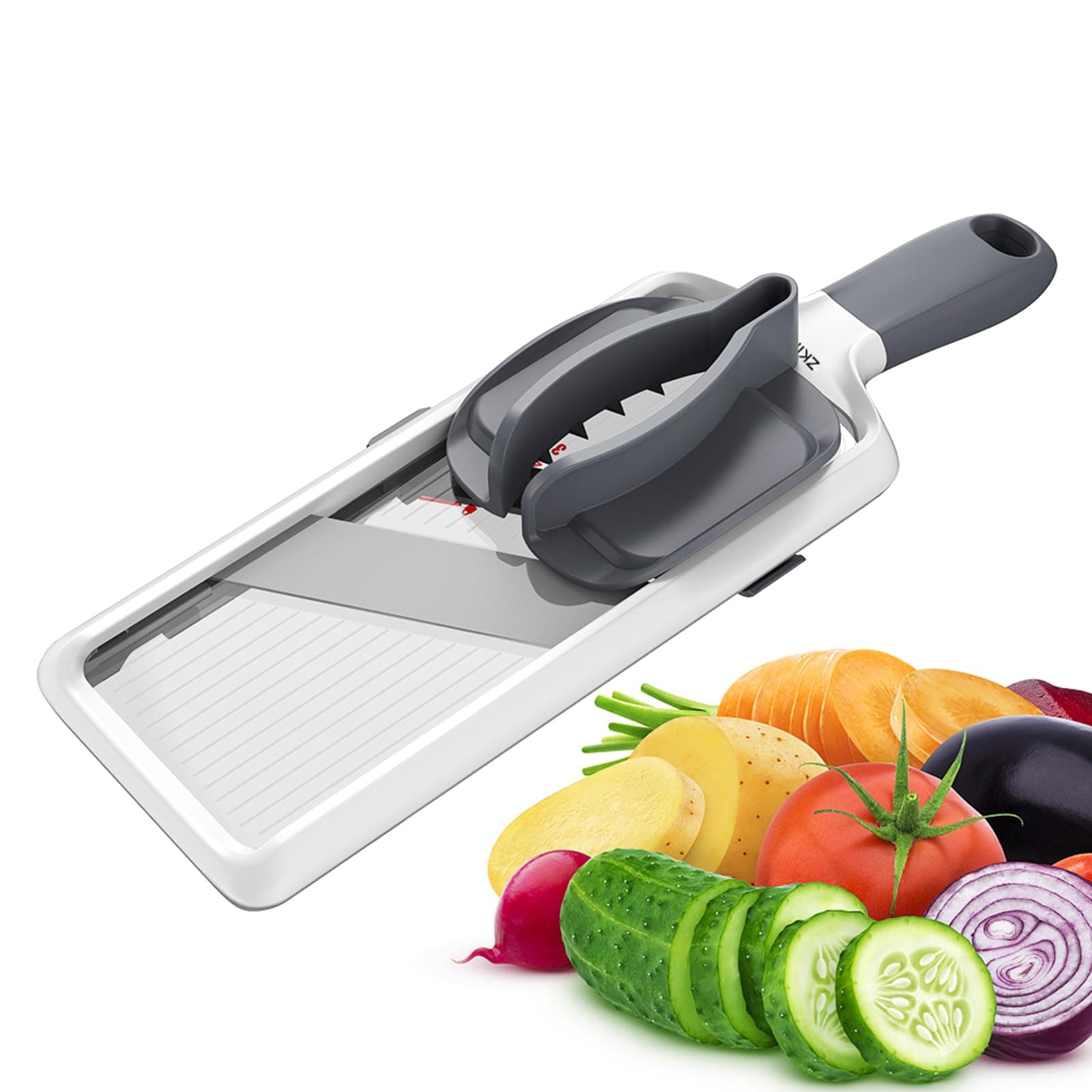 Handheld Mandoline Slicer for Kitchen - Adjustable 3-Thickness Vegetable Slicer (1mm-3mm) with Food Holder - Safe Potato Slicer & Cucumber Cutter for Salad, Easy to Clean (Gray)