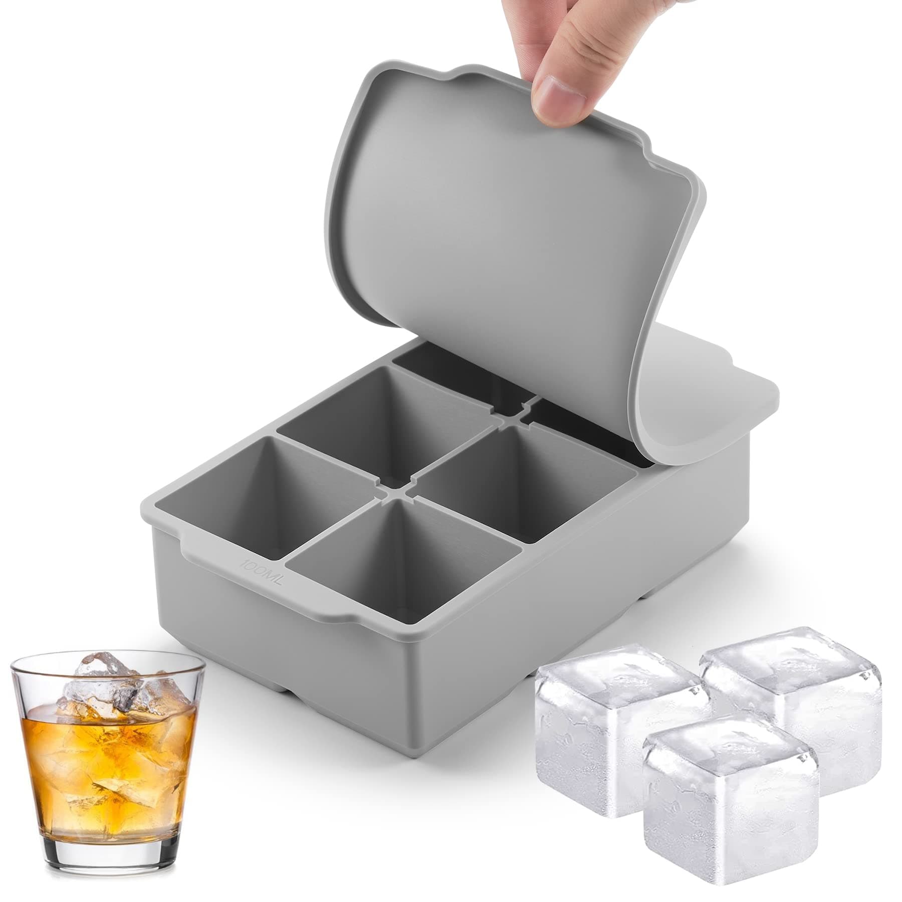 Large Ice Cube Tray with Lid, Stackable Big Silicone Square Ice Cube Mold for Whiskey Cocktails Bourbon Soups Frozen Treats, Easy Release BPA Free