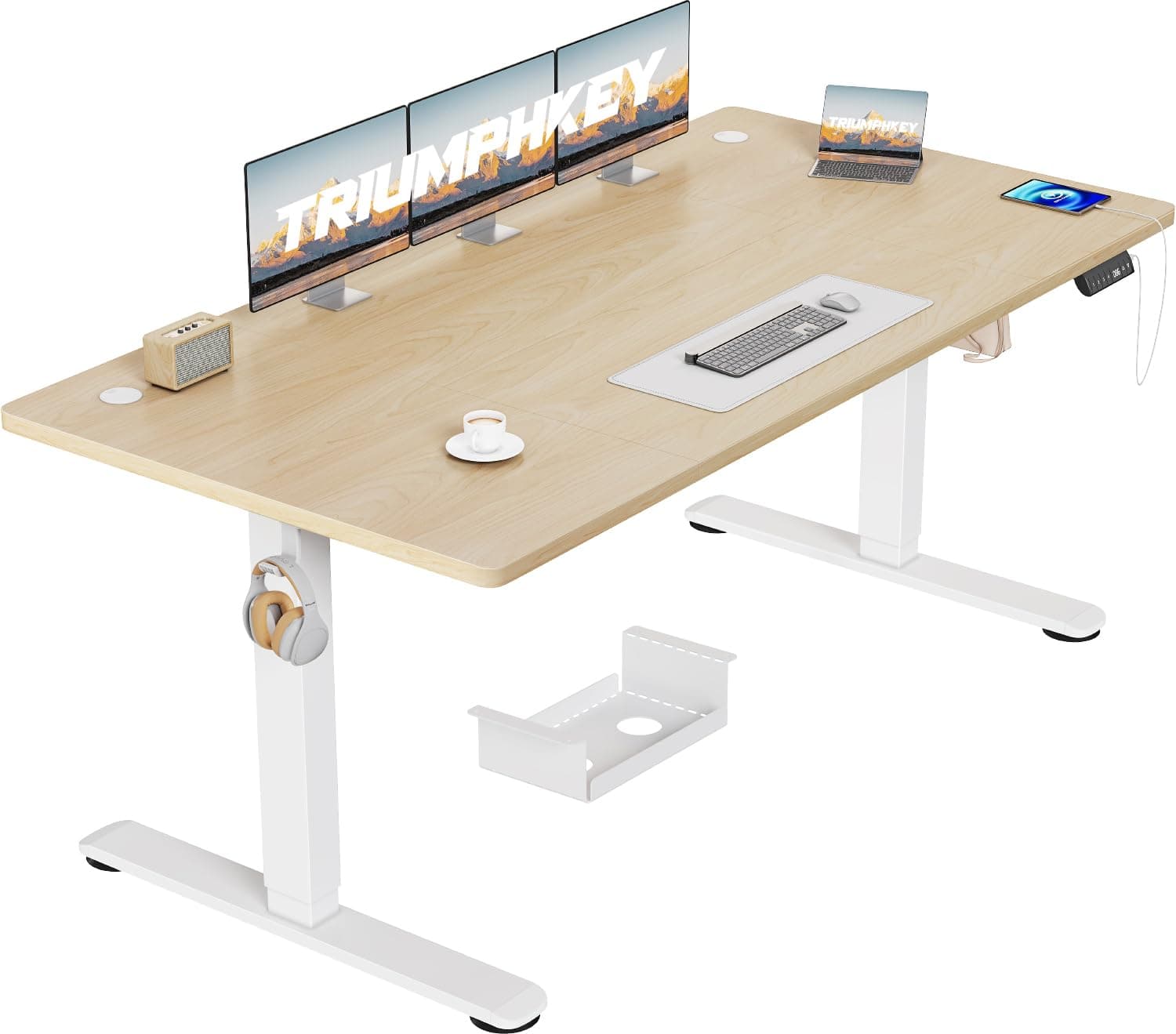 TRIUMPHKEY Height-Adjustable Desk, 160 x 80 cm, USB Socket, 3 Memory Control, Desk, Height Adjustable, Large, Anti-Collision System, Computer Desk, Standing Desk, Height-Adjustable Table, Wheels, Oak