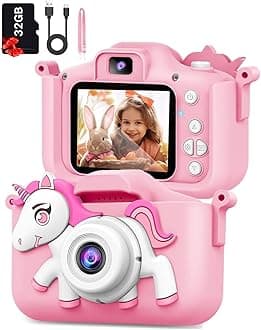 Kids Camera Toys for 3-12 Year Old Girls Boys Children Digital Video Camera for Toddlers 1080P Selfie Camera with Cartoon Soft Silicone Cover Pink