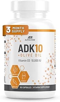 ADK 10 Vitamin Supplement + Olive Oil for Better Absorption - with Vitamins A + D3 (10,000 iu) + K2 (MK7+MK4) - 90 Capsules - Vegetarian - Non-GMO
