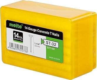 meite Concrete Nails 14 Gauge 1-1/4 Inch Galvanized T-Nails for Pneumatic or Electric Nailer Gun, Glue Collated T-Head Nail for Wood-to-Concrete, High-Hardness & No-Bend, 2000PCS (400PCS x 5 Boxes)