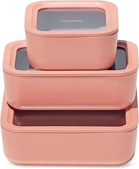 Caraway Glass Food Storage Trio – 10 Cup, 6.6 Cup, & 4.4 Cup Food Containers - Ceramic Coated - Non Toxic Non Stick Lunch Box Container with Glass Lids. Dishwasher, Oven, & Microwave Safe - Perracotta