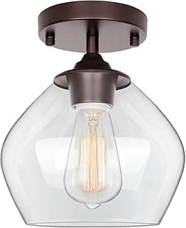 Modern Semi Flush Mount Ceiling Light with Clear Glass Shade, Industrial Close to Ceiling Light, Brown Hanging Ceiling Light Fixture for Hallway, Bedroom, Dining Room, Entryway, Foyer