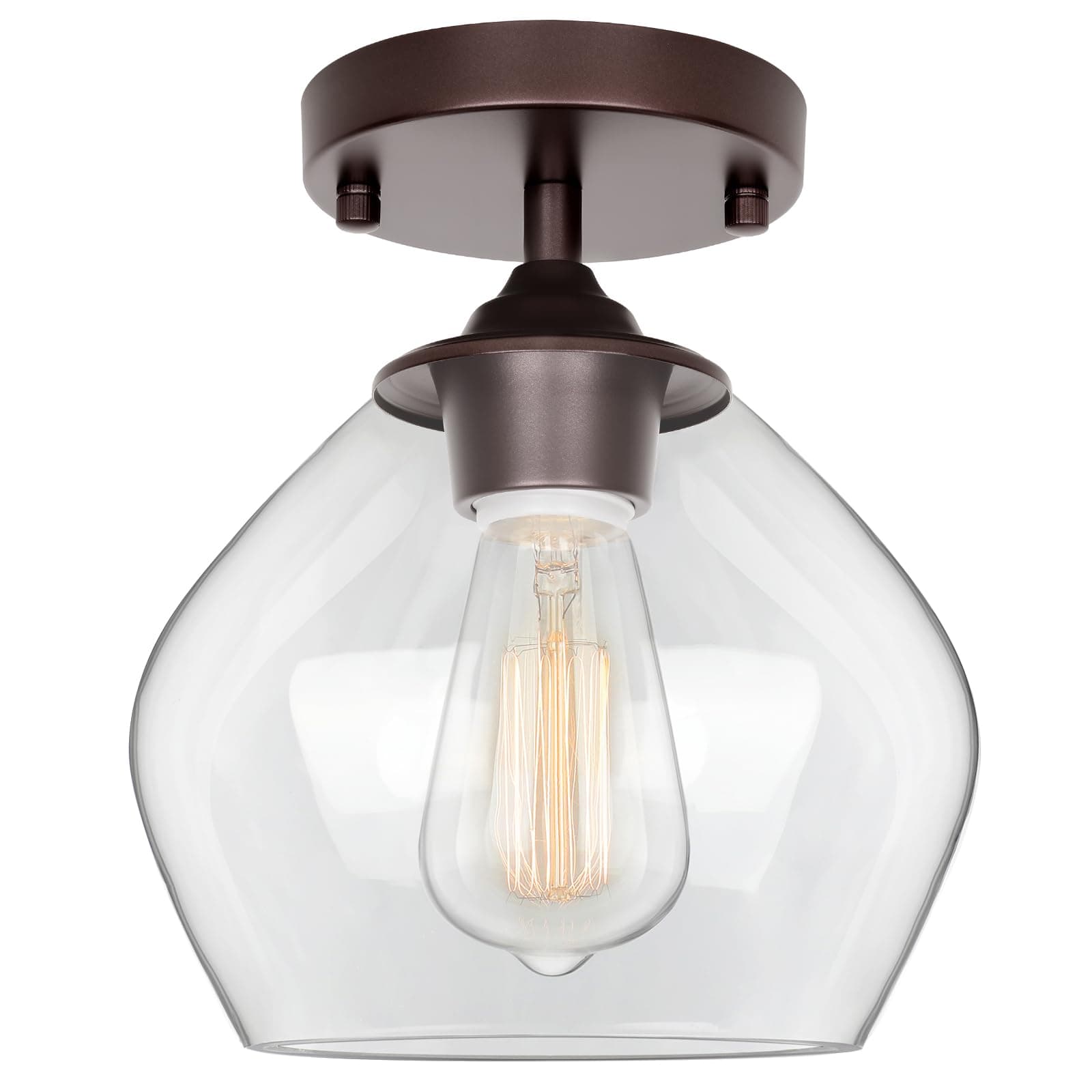 Modern Semi Flush Mount Ceiling Light with Clear Glass Shade, Industrial Close to Ceiling Light, Brown Hanging Ceiling Light Fixture for Hallway, Bedroom, Dining Room, Entryway, Foyer