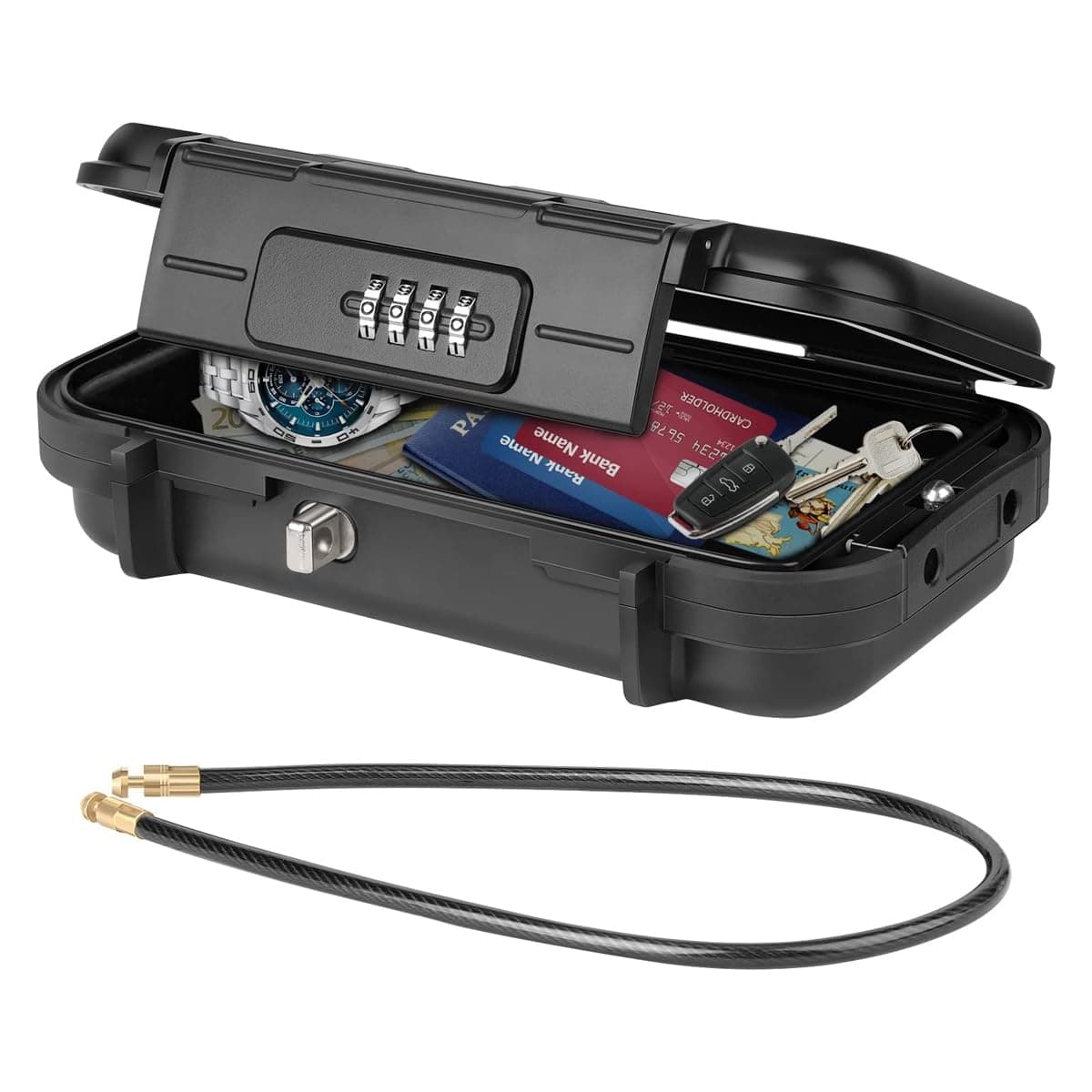 HASTHIP Portable Security Box, Waterproof Portable Security Case, with Combination Code and Removable Wire Rope Security Case Lock Box, Large Capacity Security Lockbox for Car, Home, Travel