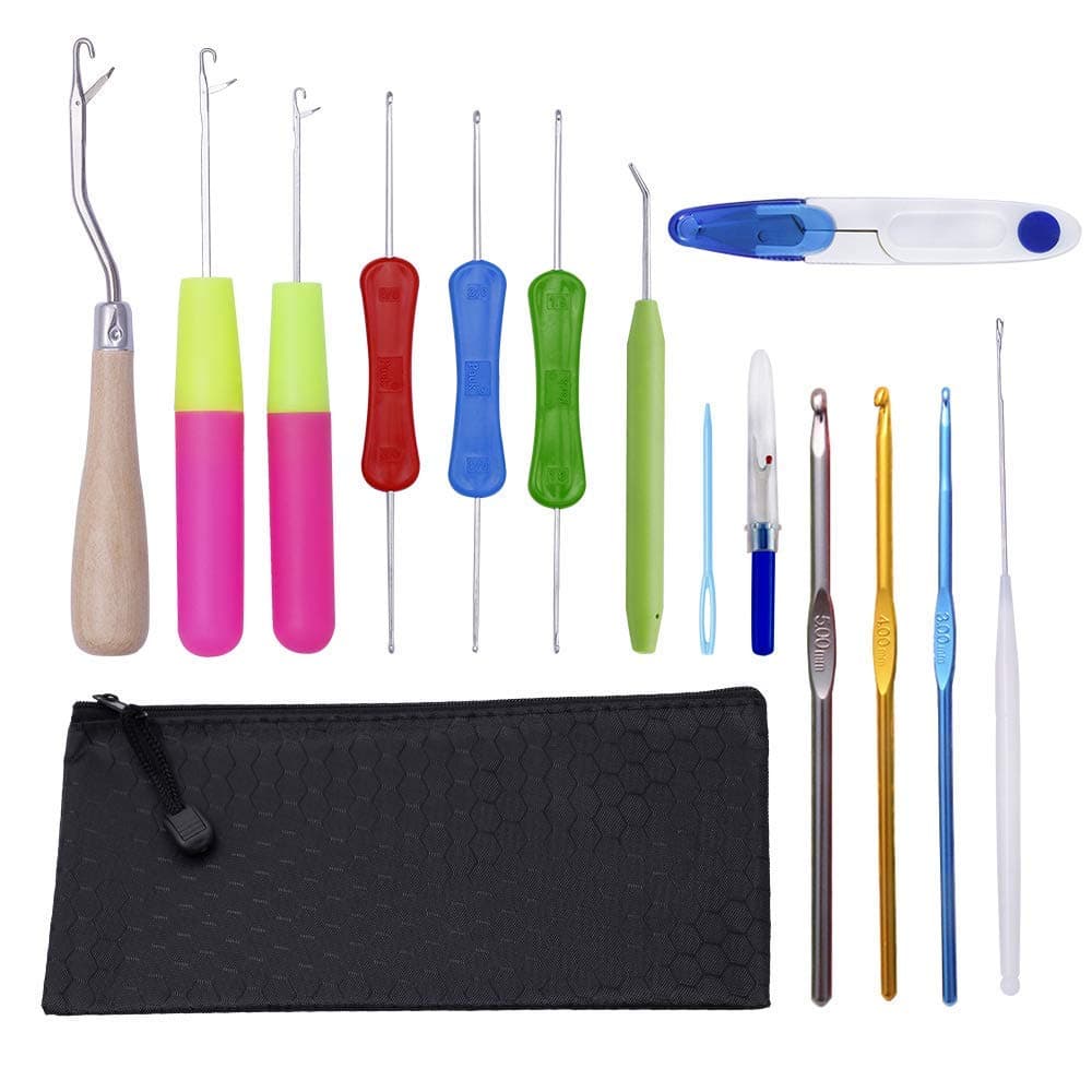 15 Pieces Bent Latch Hook Set,Crochet Needle Hook Tool Including 11 Different Size Latch Hook, 1 Piece Seam Ripper,1 Piece Scissors and 1 Piece Black Zip Pouch for Crocheting Craft Project