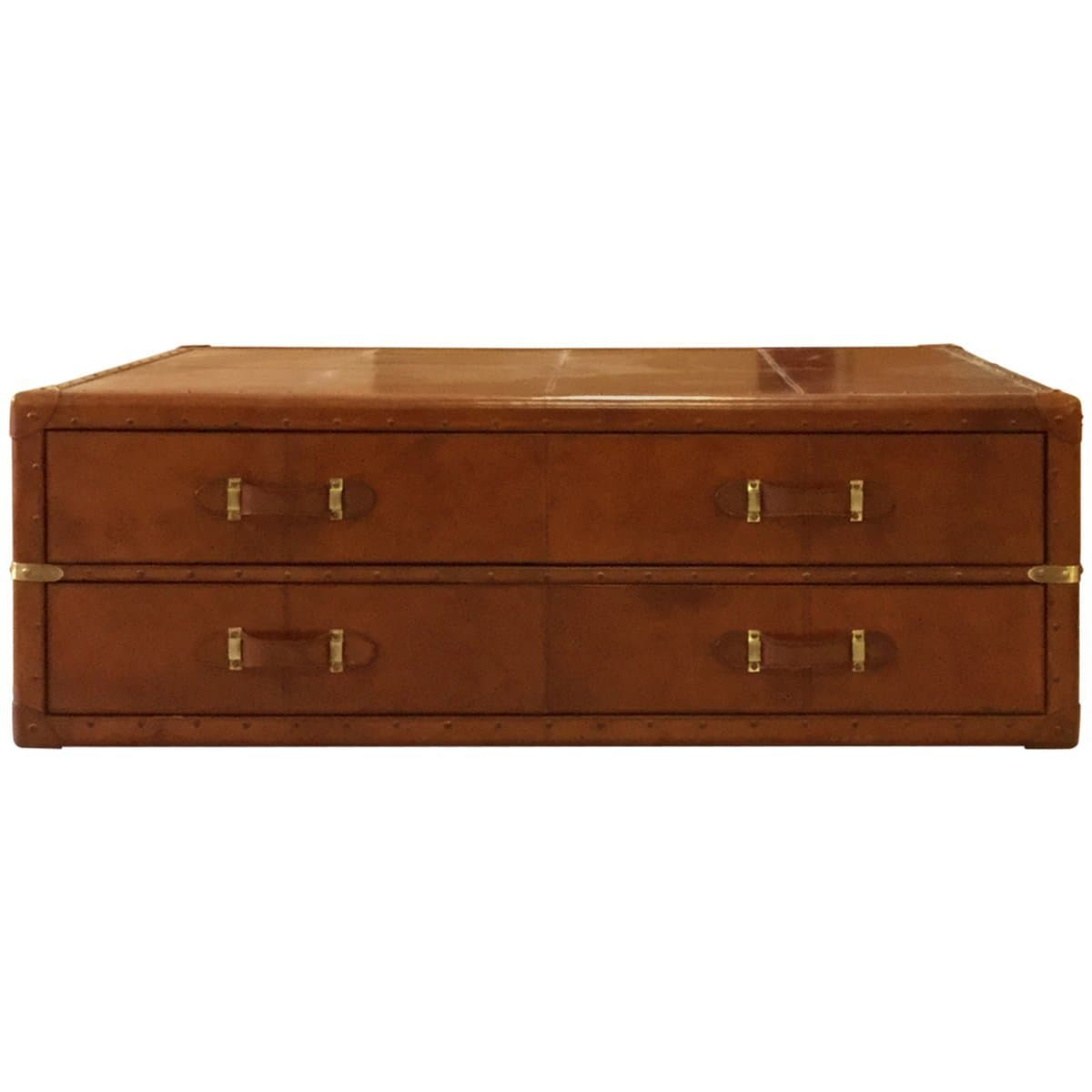 Square Leather Brown Coffee Table Trunk Storage Box