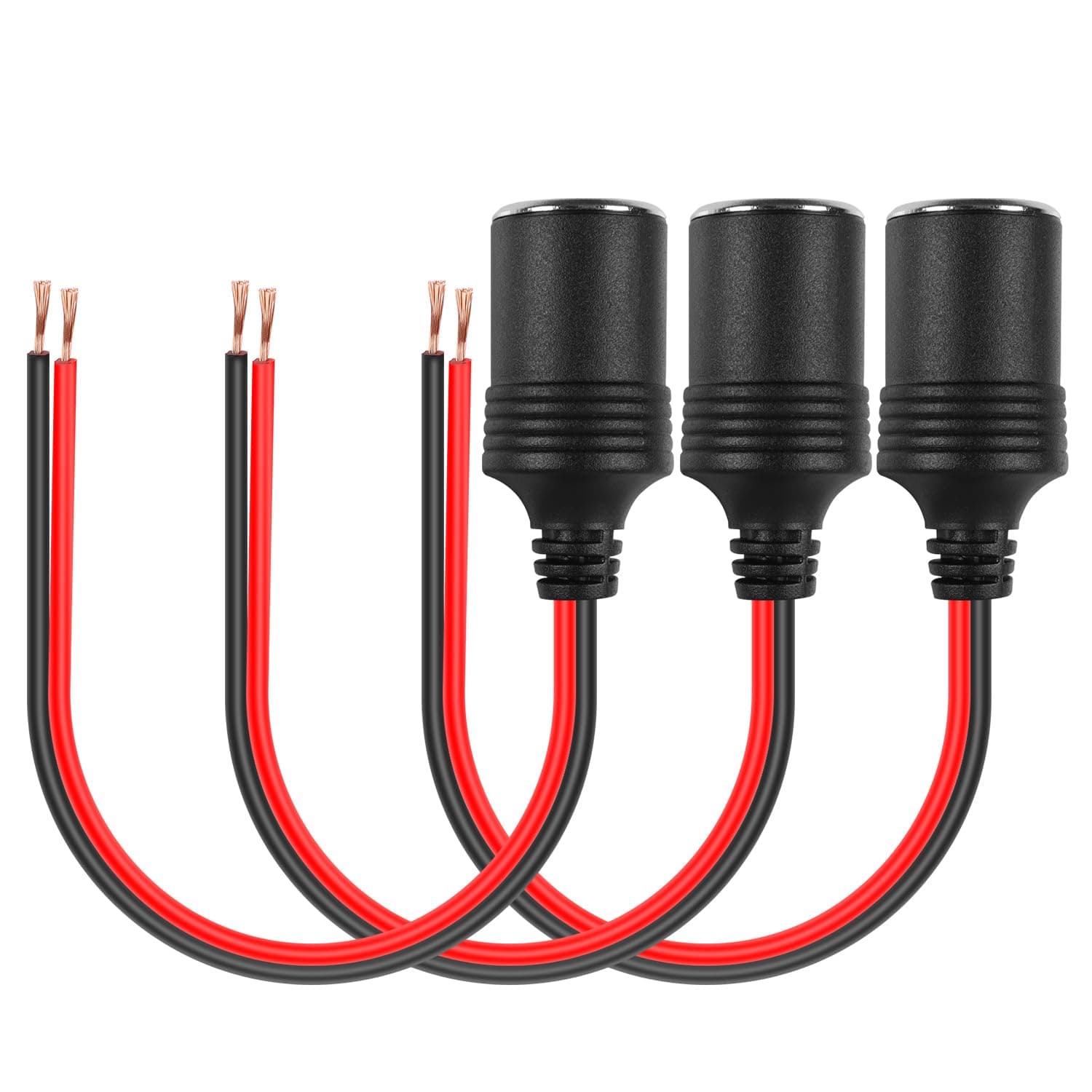 3 Pcs 18AWG Female Car Cigarette Lighter Socket with Bare Wire Open End Cable,1FT 12/24V Car Charger Power Cigarette Lighter Female Socket Replacement Cable for Equipment Within 120W