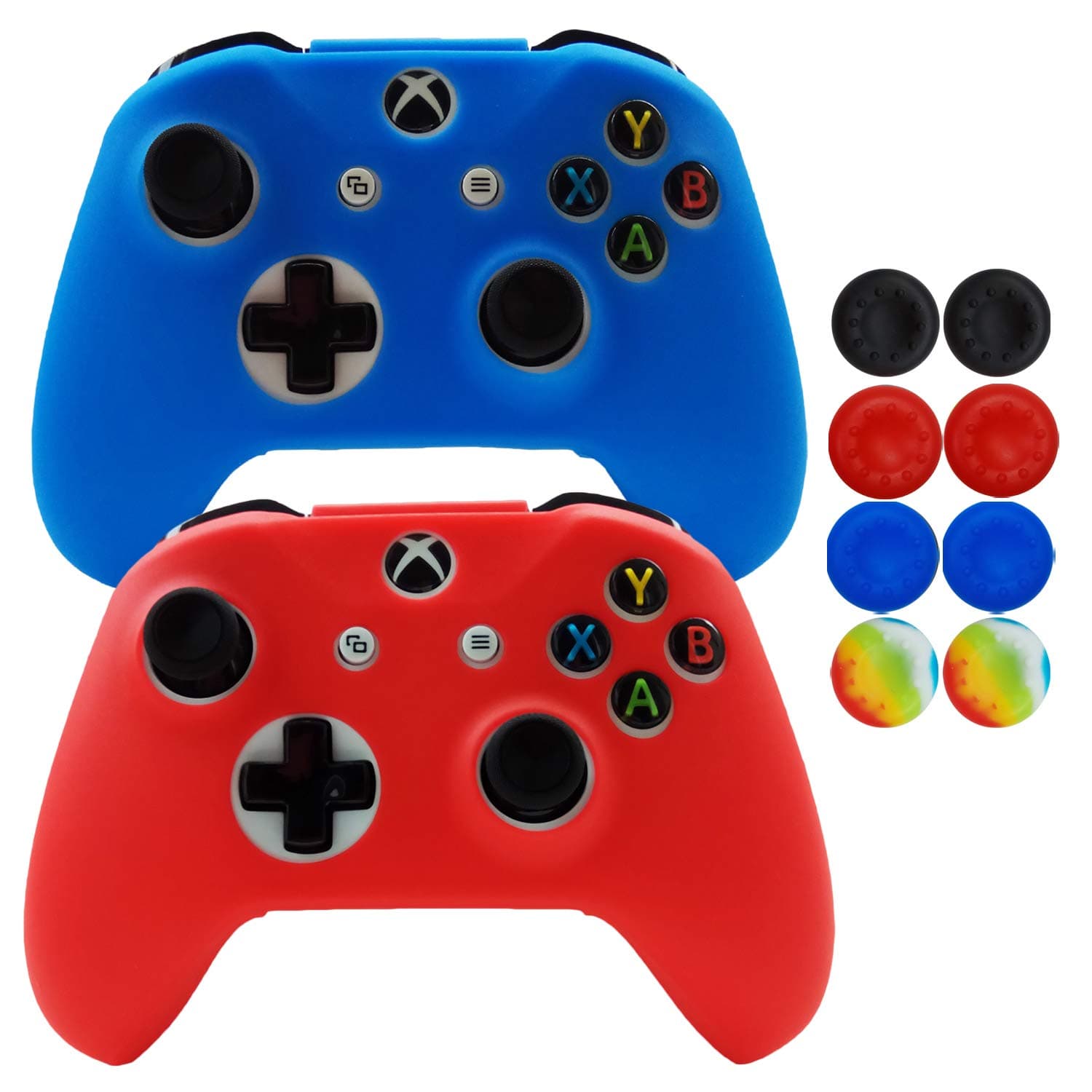 Hikfly Silicone Controller Cover Skin Protector Case Faceplates Kits for Xbox One X/One S/Slim Controller with 8pcs Thumb Grips Caps(Blue,Red)