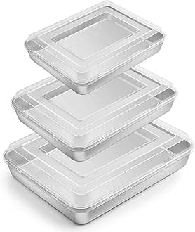 Baking Pan with Lid(12.4/10.4/9.4 inch), E-far Stainless Steel Rectangular Sheet Cake Pans with Cover, Metal Bakeware Sets for Lasagna Casseroles Brownie, Non-toxic & Dishwasher Safe - 3 Pans + 3 Lids
