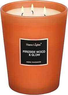 HomeLights Scented Candles - Large Jar Aromatherapy, Natural Soy Wax, 130 Hour Long Burning, Fireside Wood & Glow