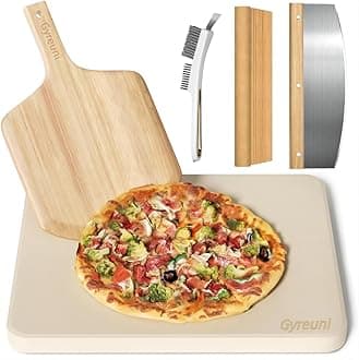5 PCS Rectangle Pizza Stone Set, 16"Large Pizza Stone for Oven and Grill with Pizza Peel(OAK), Stone Brush,Pizza Cutter & 10pcs Cooking Paper for Free, Baking Stone for Pizza, Bread,BBQ