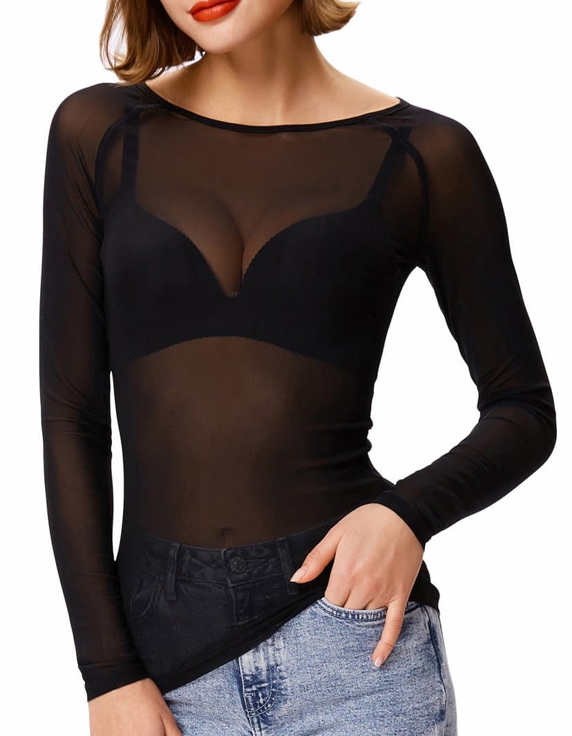 Women's Basic Long Sleeves Mesh Sheer Tops