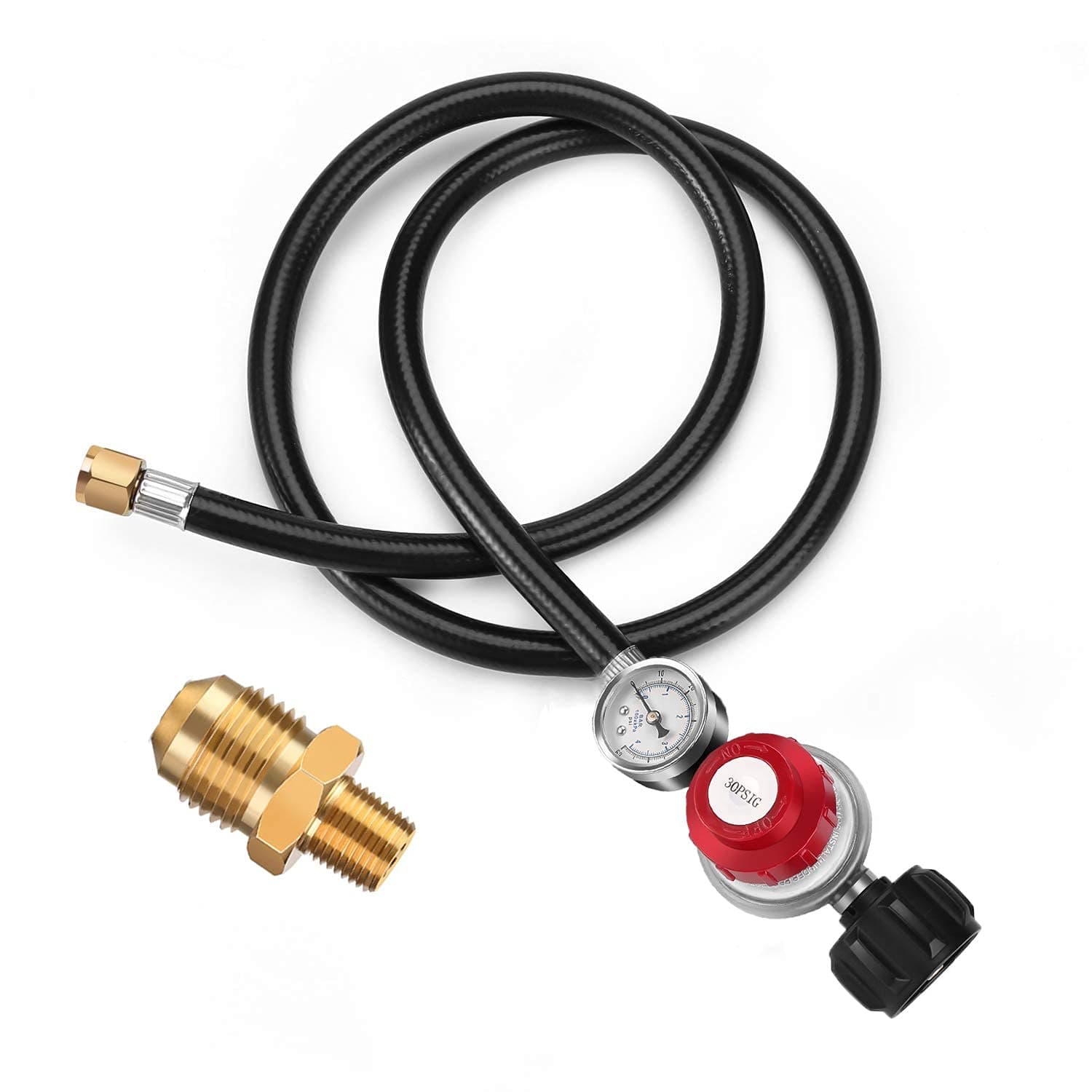 4 FT 0-30 PSI Adjustable High Pressure Propane Regulator with Hose and PSI Gauge, LP Gas Grill Regulator QCC1 Hose, 3/8 Flare x 1/8 MNPT Fits for Grill, Burner, Fryer, Cooker, Firepit