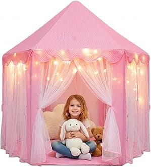 ORIAN Princess Castle Play Tent for Girls, LED Star Lights, Indoor & Outdoor Playhouse, Polyester, Pink, 55" x 53", Toddler & Kids Toys Ages 2–7