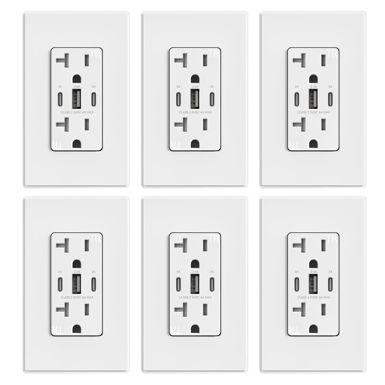 ELEGRP USB Outlets, 30W 6.0 Amp USB C Outlets Receptacles, 3-Port USB Wall Outlet, 20 Amp Tamper-Resistant Outlet with 2 USB C Ports, UL Listed, Screwless Wall Plate Included, 6 Pack, Matte White