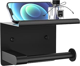 Matte Black Toilet Paper Holder with Shelf, Fits Mega Rolls, Rustproof Stainless Steel, Self Adhesive Wall Mount Toilet Paper Roll Holder, for Bathroom, Washroom, Kitchen, RV