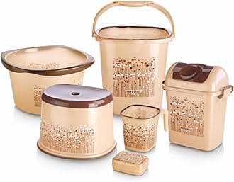 Nayasa Plastic Funk Bathroom Set DLX 6 Pcs | Bkt 25 L + Mug 1.5 L + Basin 20 L+ Dustbin 14 L + 509 Stool + Soap Case | Bathroom Accessory Set Plastic | Bathroom Set | Bath Set for Bathroom | Brown