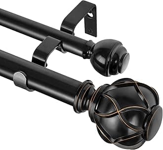 KAMANINA 1 Inch Double Curtain Rods for Windows 140 to 195 Inches (12-16 Feet), Black Heavy Duty Double Curtain Rod, Telescoping Drapery Rod with Netted Texture Finials