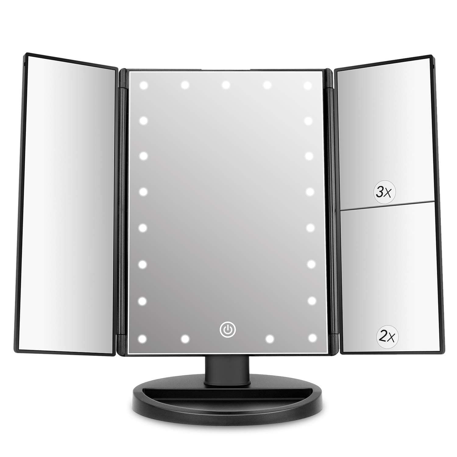 Deweisn Tri-Fold Lighted Vanity Makeup Mirror With 3X/2X/1X Magnification, 21 LED Lights, Touch Screen Dimming, Two Power Supply Modes, Tabletop and Travel Cosmetic Use