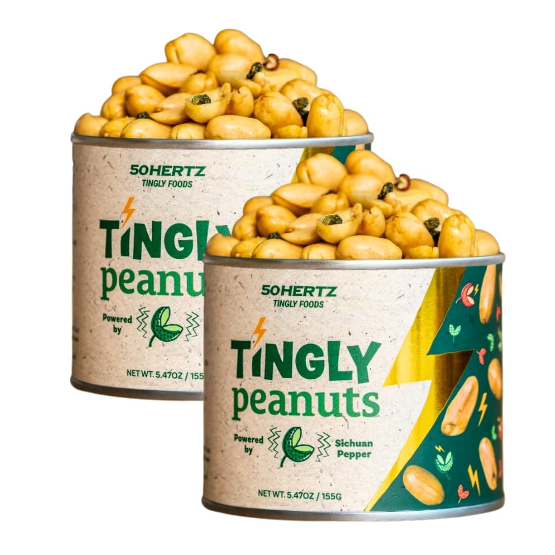 50Hertz Tingly Peanuts 5.5 oz Can (2 Pack) – Extra Large Crunchy Peanuts with Sichuan Pepper (Szechuan Peppercorn) – Tongue-Tingling Mala Numbing Snacks – 35g Protein, Natural Dry Mouth Relief