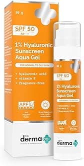 The Derma Co 1% Hyaluronic Sunscreen Aqua Gel with SPF 50 & PA++++ | Broad Spectrum UVA/B & Blue Light Protection | Lightweight & Quick Absorbing with Vitamin E | 1.76 Oz/50g