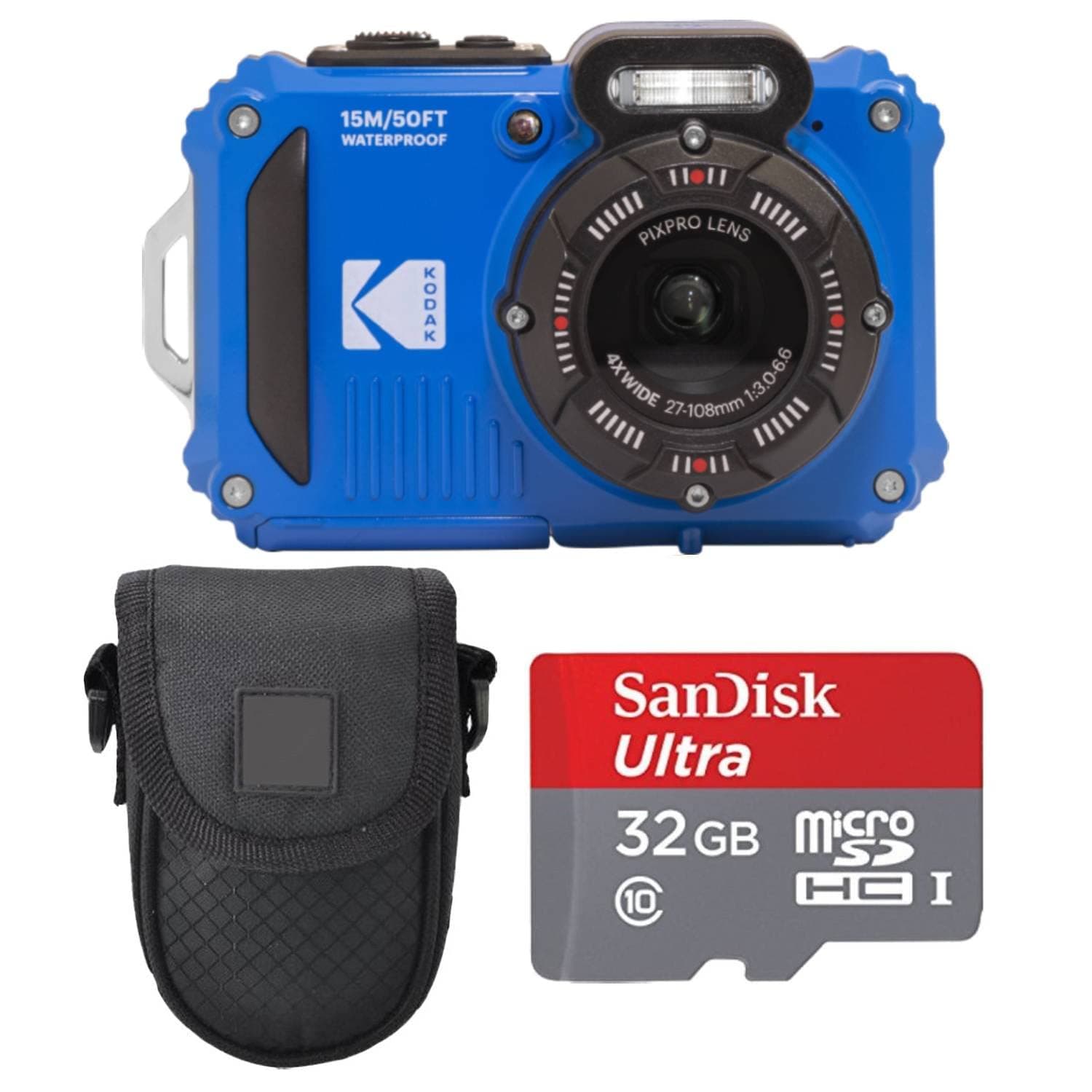 Kodak PIXPRO WPZ2 Digital Camera + Black Point & Shoot Case + 32GB microSDHC Card (Blue)