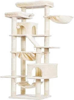 Cat Tree, 71-Inch-Tall Tower for Indoor Cats with 2 Perches, 2 Big Condos, 2 Hammocks, Basket, Scratching Pad, Large Cat Furniture and Condo, Beige HCT034M