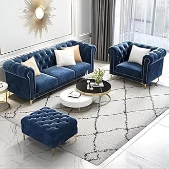 Modern Classic 5 Seater Sofa Couch Fabric & Valvet 3+1+1Footrest Tufted Chesterfield Sofa Living Room and Office (Blue)