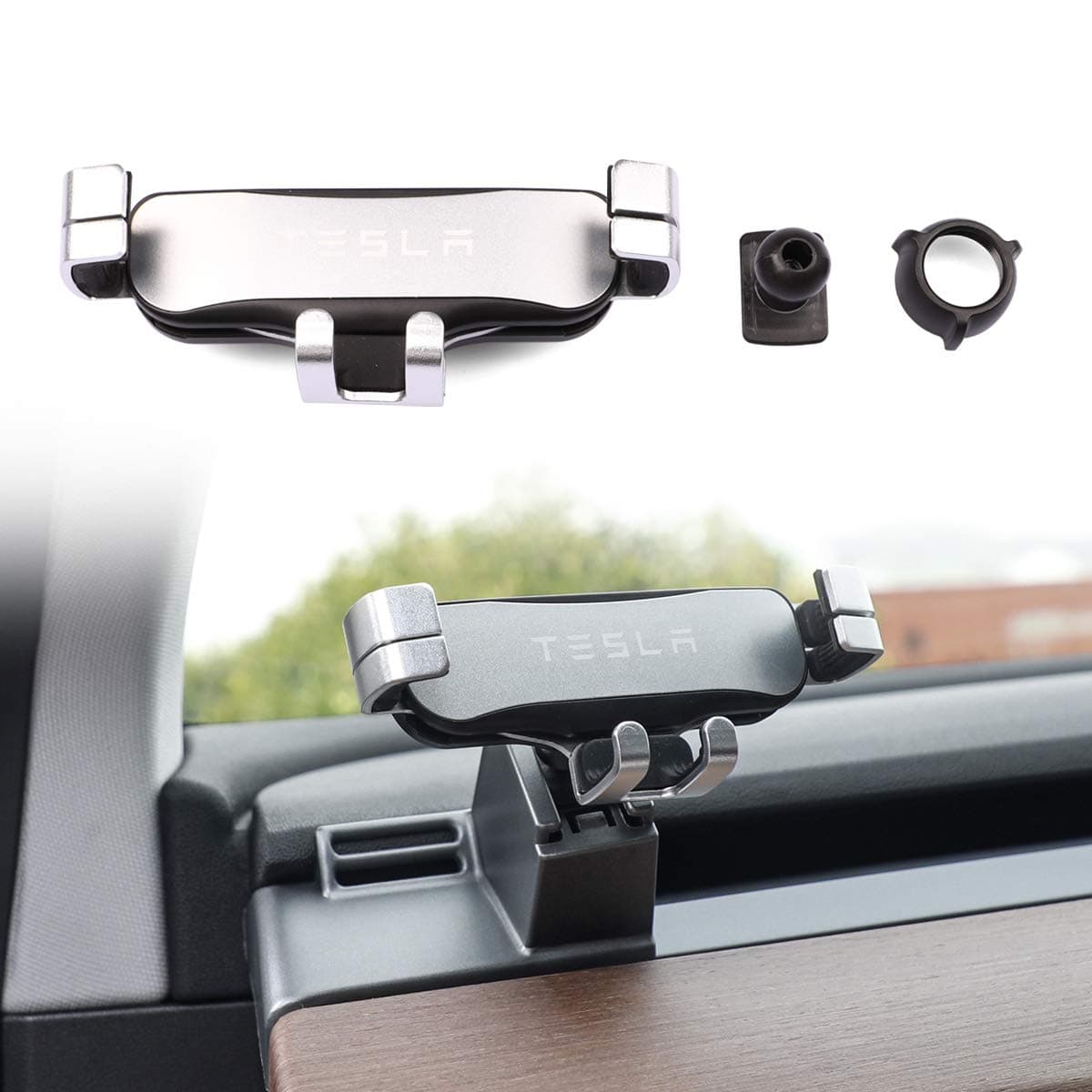 Tesla Model 3 4in 1 Phone Stand, Dashboard Vent Windshield Universal Phone Stand, Compatible with iPhone 11 Pro Max/SE/XR/XS / 8 Plus/Samsung S20 Ultral/All Phones (with Logos, Passenger seat)