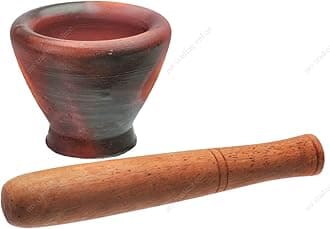 Thai & Laos Kruk Grinding Earthenware Clay Mortar with Palm Wooden Pestle, 8 Inches