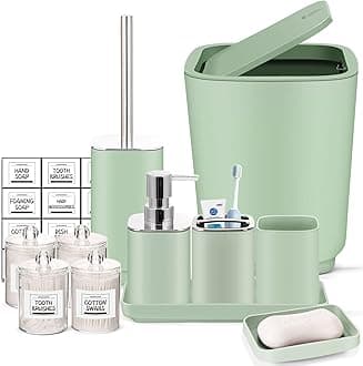 Green Bathroom Accessories,11Piece Bathroom Set,Tray,Toothbrush Holder,Toothbrush Cup,Soap Dispenser,Soap Dish,Toilet Brush,Trash Can,Qtip Holders for Bathroom Décor and Housewarming Gifts
