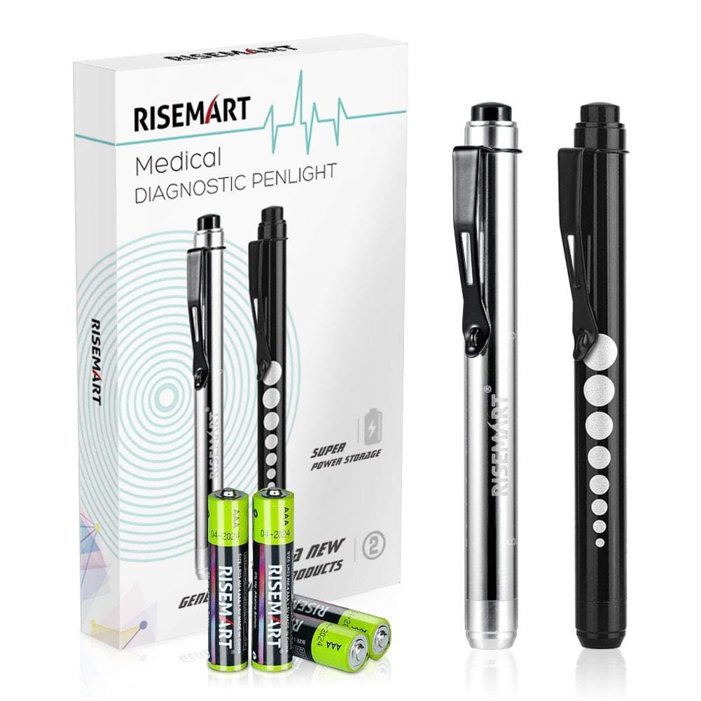 RISEMART 2PCS Pen Torch Light Reusable LED Penlight with Pupil Gauge for Nurses Doctors with Pocket Clip Included 4 * AAA Batteries (Black and Silver)