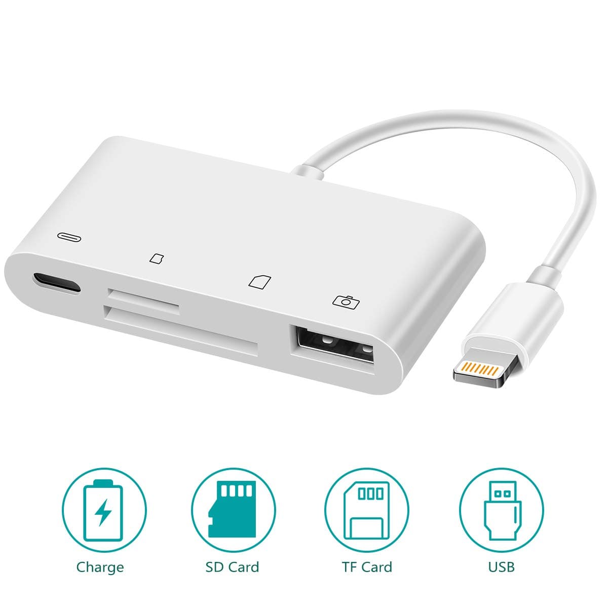 SD Card Reader, 4 in 1 SD TF Card Camera Reader USB 2.0 OTG Adapter Cable Lightning to micro SD Camera Trail Game Reader for iPhone Xs Max/Xs/XR/X/8/7/6s/6/5s/5 and iPad, Support iOS 10 – 12 (White)