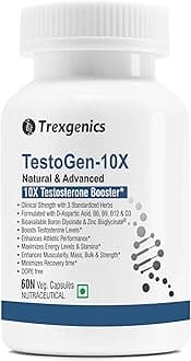 Trexgenics Testogen-10X Synergistic Action with Ashwagandha withanolides, Fenugreek & Tribulus saponins, Boron Glycinate,Zinc,Aspartic acid,D3,B6,B9,B12(60 Veg capsules)