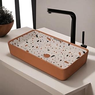 REMANENCE Designer Table Top Wash Basin For Bathroom | Ceramic Bathroom Sink | Wash Basin Over Counter Bathroom Basin (24 x 14 x 4 Inch) (Designer GoldYellow SL 63)