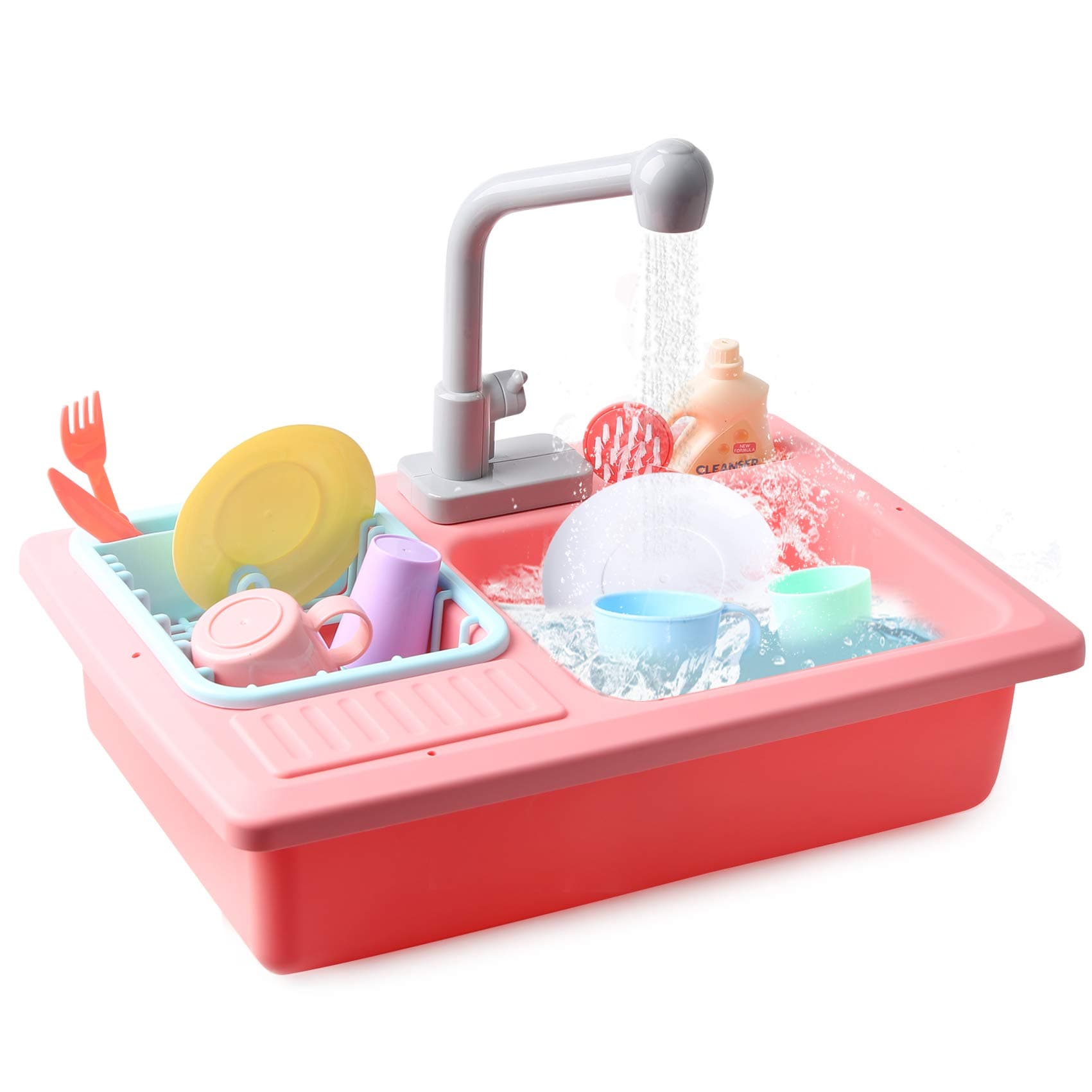 Rainbow yuango Splish Splash Sink 15.4" Simulation Kitchen Sink Toy with Running Water Pretend Play Set for Kids Role Play with Real Working Faucet & Drain(No.WY378-1)