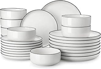 MALACASA Plates and Bowls Sets, 24 Pieces Modern Porcelain Dinnerware Set for 8 White Kitchen Dinner Dining Ware Set wtih Black Rim Ceramic Dishware Dishes Microwave and Dishwasher Safe, Series LUNA