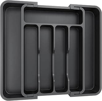 Lifewit Extendable Cutlery Drawer Organiser, Adjustable Cutlery Tray, Plastic Adjustable Kitchen Storage Dividers for Utensil Spoons Forks Knives, 7 Compartments, 23-37 x 31cm, Black