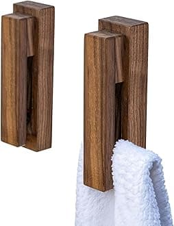 Wood Towel Hooks -Set of 2 Self Adhesive Vintage Towel Hook Wooden Wall Mounted Towel Racks for Bathroom and Kitchen Home Decor- Quick Drying, Reduce Bacterial Growth, Firmly Holds Towel(Walnut)