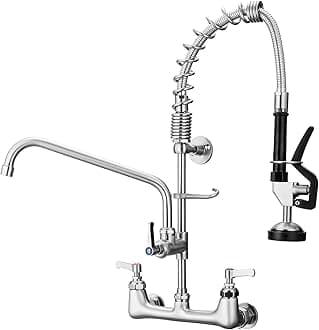 BWE Kitchen Faucet with Sprayer 20" Height Wall Mount Commercial Kitchen Sink Faucet with Pre-Rinse Sprayer 8" Adjustable Center for Restaurant Industrial Brushed Nickel