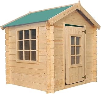 Timbela M570Z-1 Wooden Children's Play House - Outdoor Playhouse for Children - 111 x 113 x H 121 cm / 0.9 m2 Garden Playhouse - Garden Summer House for Children (The Roof Colour is Green)