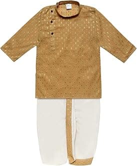 superminis Boy's Cotton Kurta with Dhoti - Golden Thread Work, Round Collar, Full Sleeves, Side Button Kurta Set for Ethnic Wear