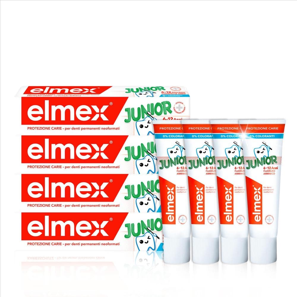 elmex Junior Toothpaste 6-12 Years 4 x 75 ml - Medical Teeth Cleaning with 1400 ppm Fluoride Content for Highly Effective Caries Protection - Strengthens New Permanent Teeth